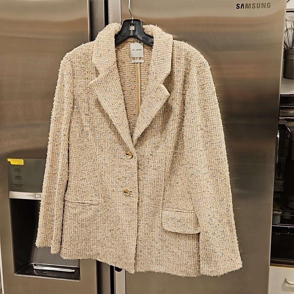 💕ST JOHN💕 Metallic Eyelash Knit Tweed Split Collar Jacket ~ Ecru 4 NWOT